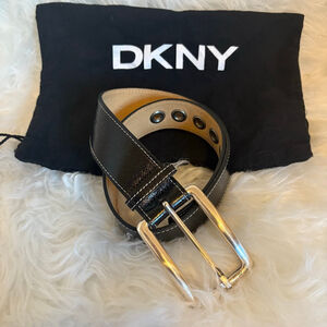 Women's DKNY Small Black White Stitch Leather Glazed Calf Belt Small